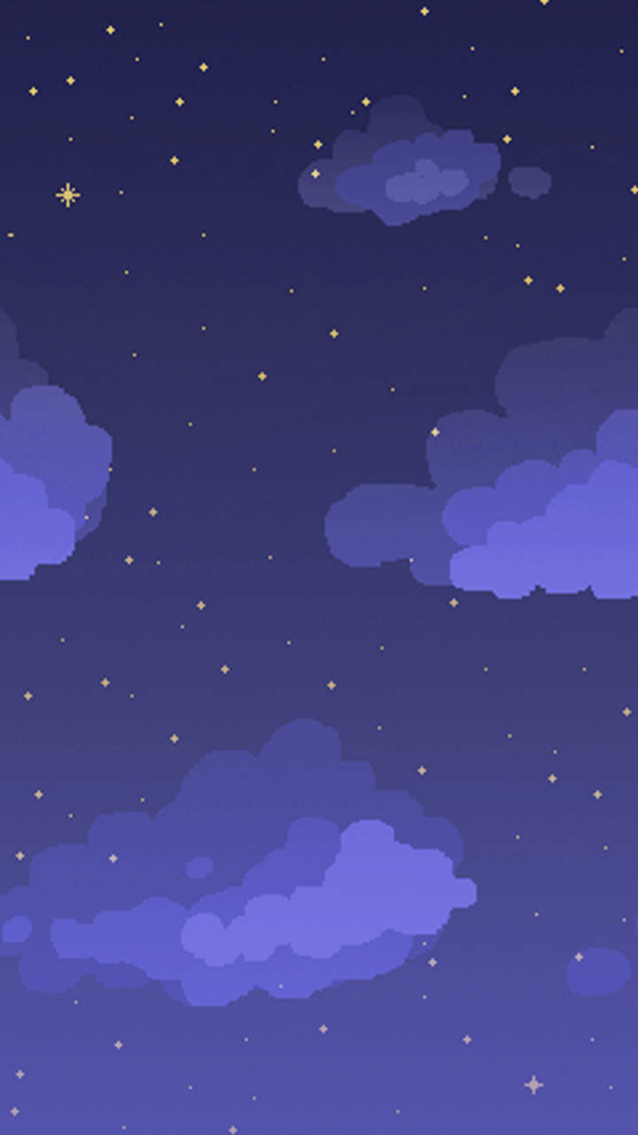 紫色雲朵在金色星星的星空下飄動。