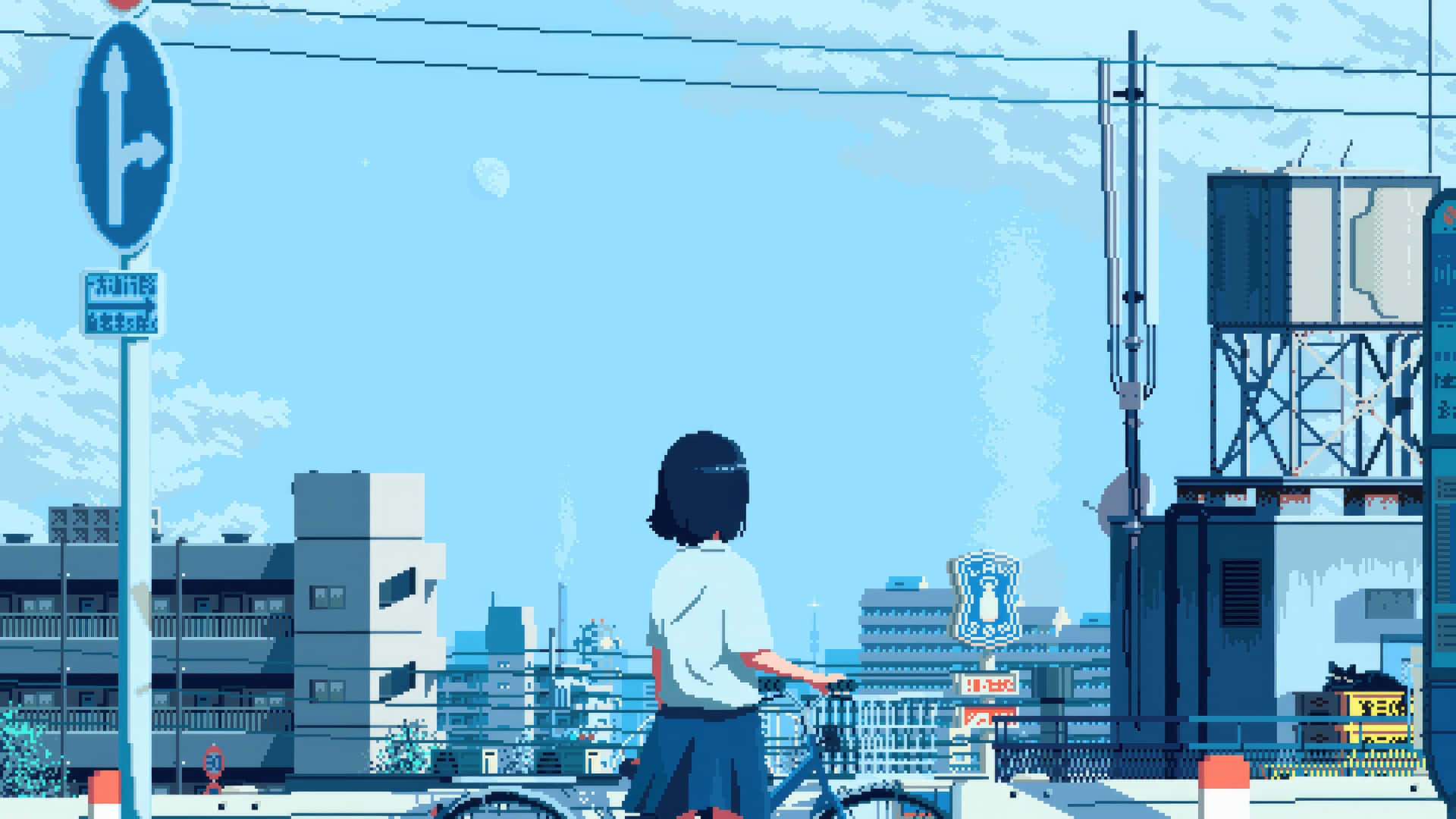  壁紙 — 一個穿著校服的像素藝術女孩騎著單車穿過一條明亮的藍色城市街道，街道上有建築物和標誌。
