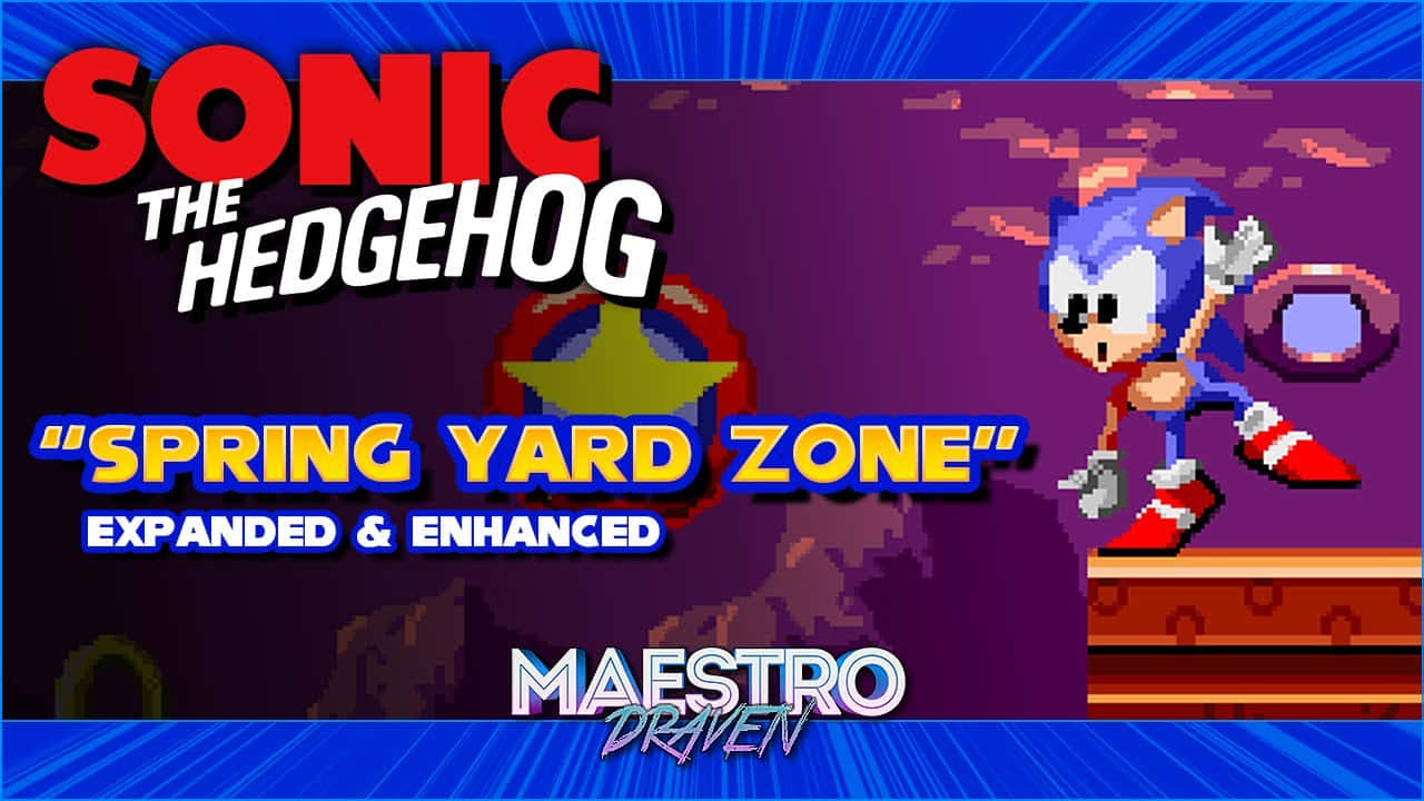  壁紙 — 像素藝術 Sonic the Hedgehog 在 Spring Yard Zone 中奔跑，伴隨著鮮豔的藍天和紫色雲朵。