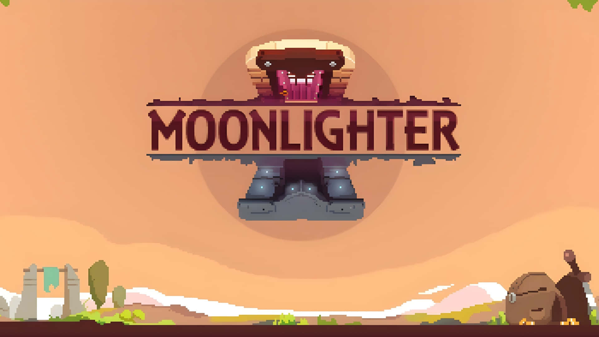  壁紙 — Moonlighter 的像素藝術標題畫面，以沙漠日落為背景，展示一個有嘴巴和牙齒的巨大靴子。