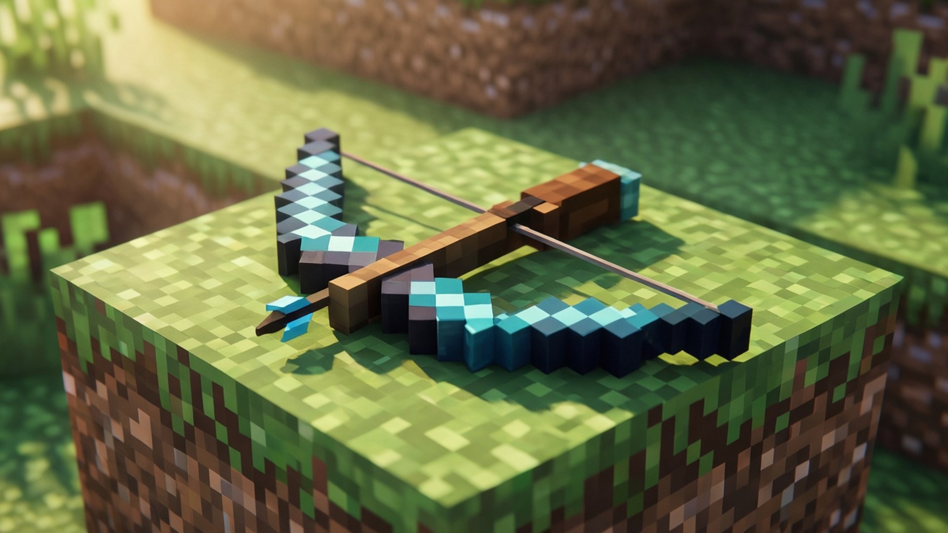 Minecraft遊戲世界中的草方塊上的一把鑽石弓和箭