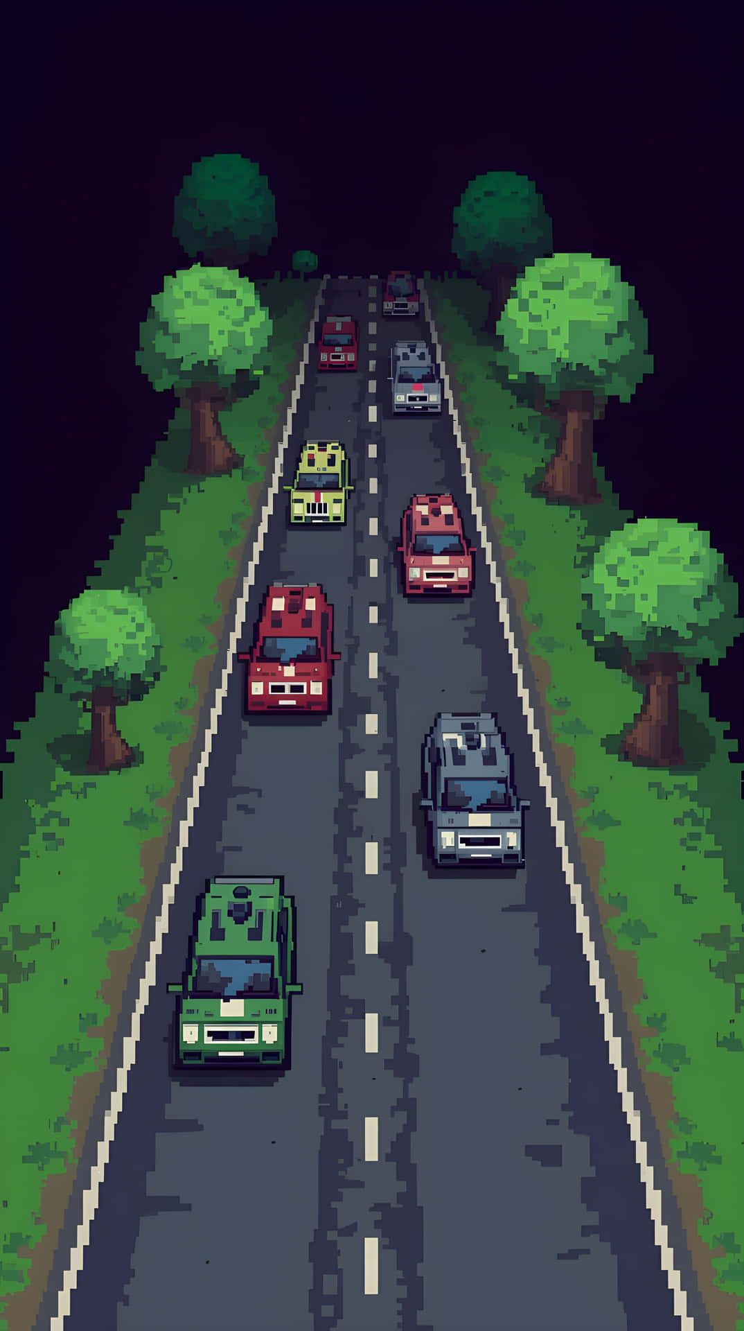 像素化的高速公路，夜間有汽車，兩旁綠樹成蔭