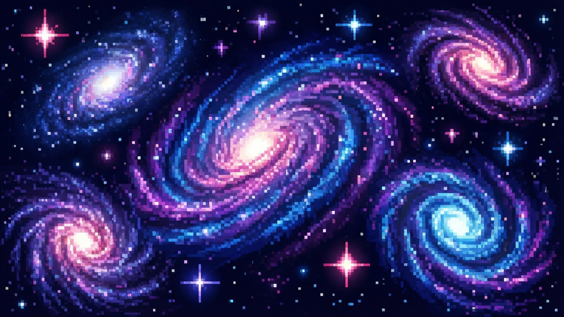 深空中旋轉星系和發光星星的像素藝術