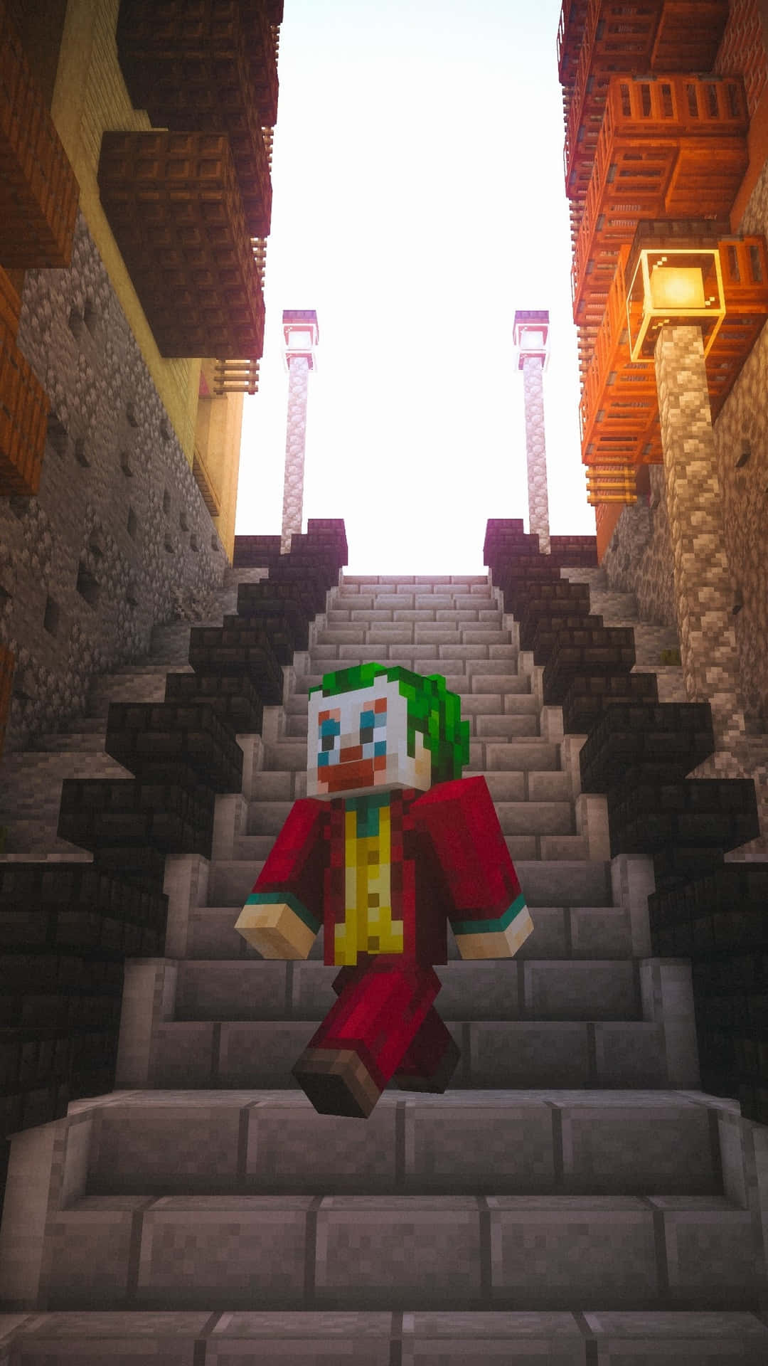 像素化小丑角色站在Minecraft風格城市環境中的石階上。