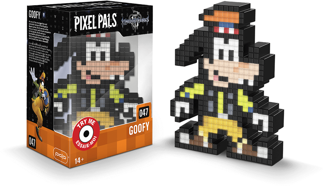 Pixel Pals Goofy 人偶與包裝 壁紙 — 一個由黑色方塊組成的像素化高飛公仔，站在黑色背景前的產品盒旁邊。