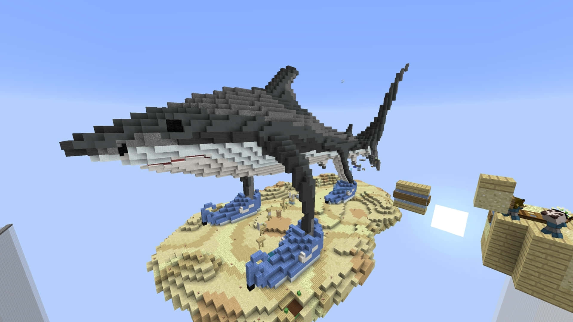  壁紙 — 一個由方塊組成的像素鯊魚雕塑，棲息在Minecraft風格世界的沙漠島嶼上。