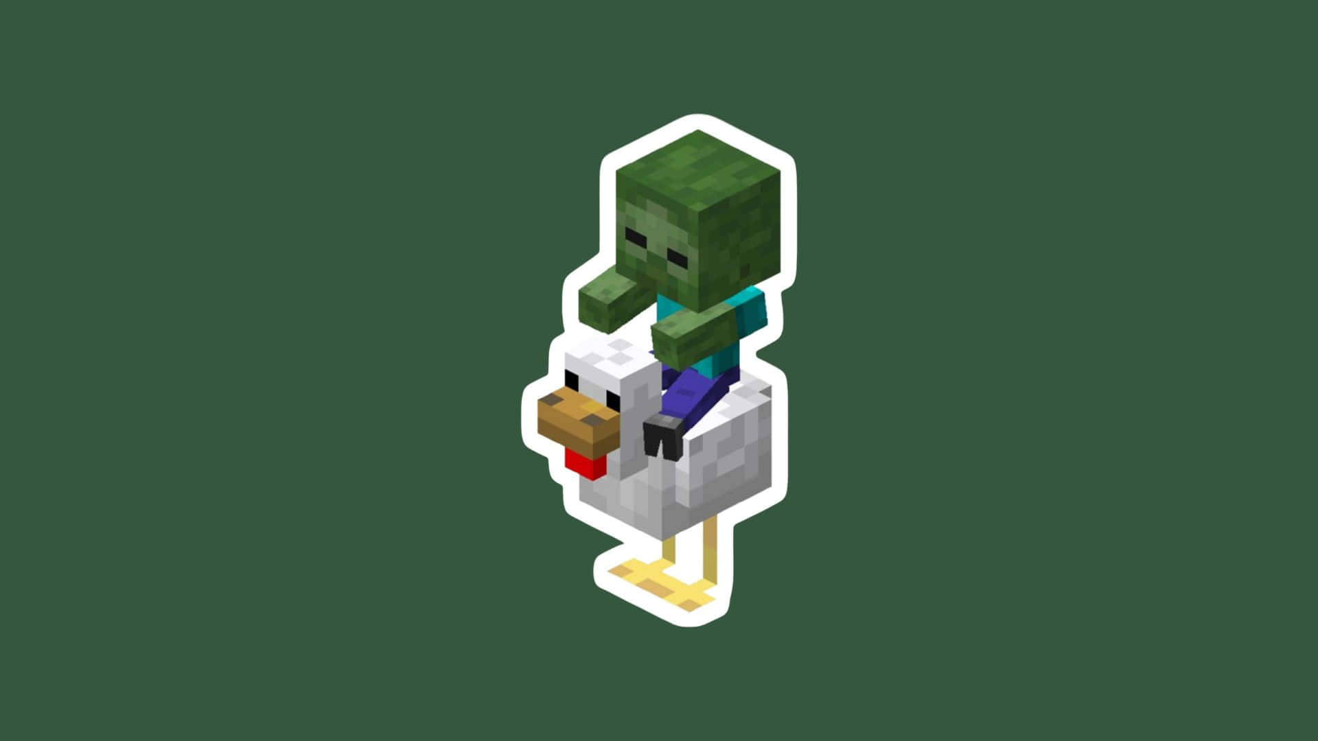  壁紙 — 一個像素化的喪屍在Minecraft風格中騎著雞，背景為純綠色。