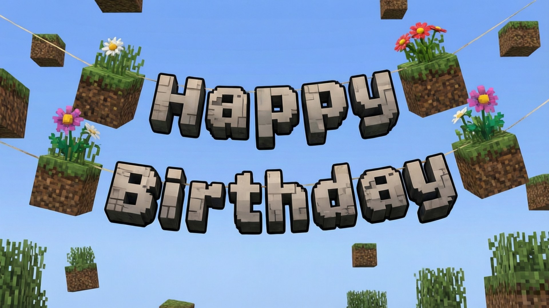 由Minecraft方塊製成的生日快樂橫幅，周圍懸掛著花朵方塊