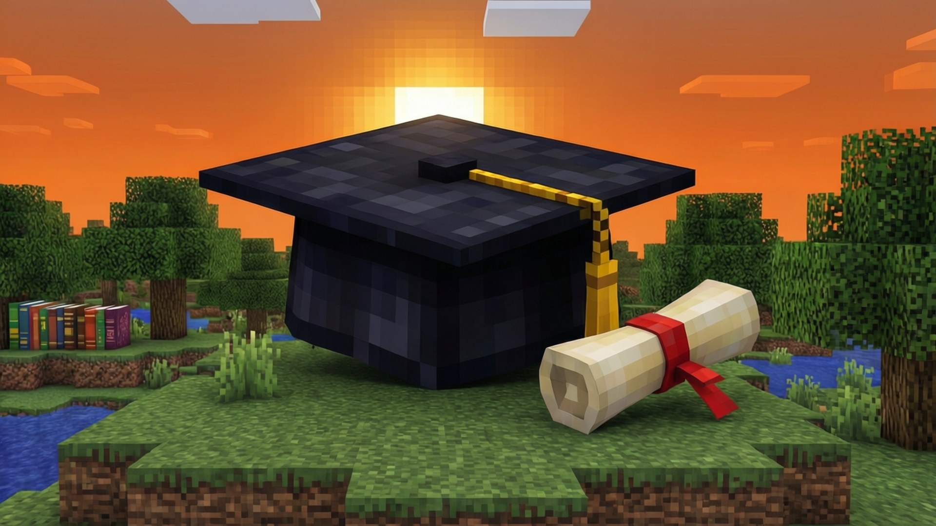 Minecraft方塊風格的畢業帽和文憑，夕陽下。