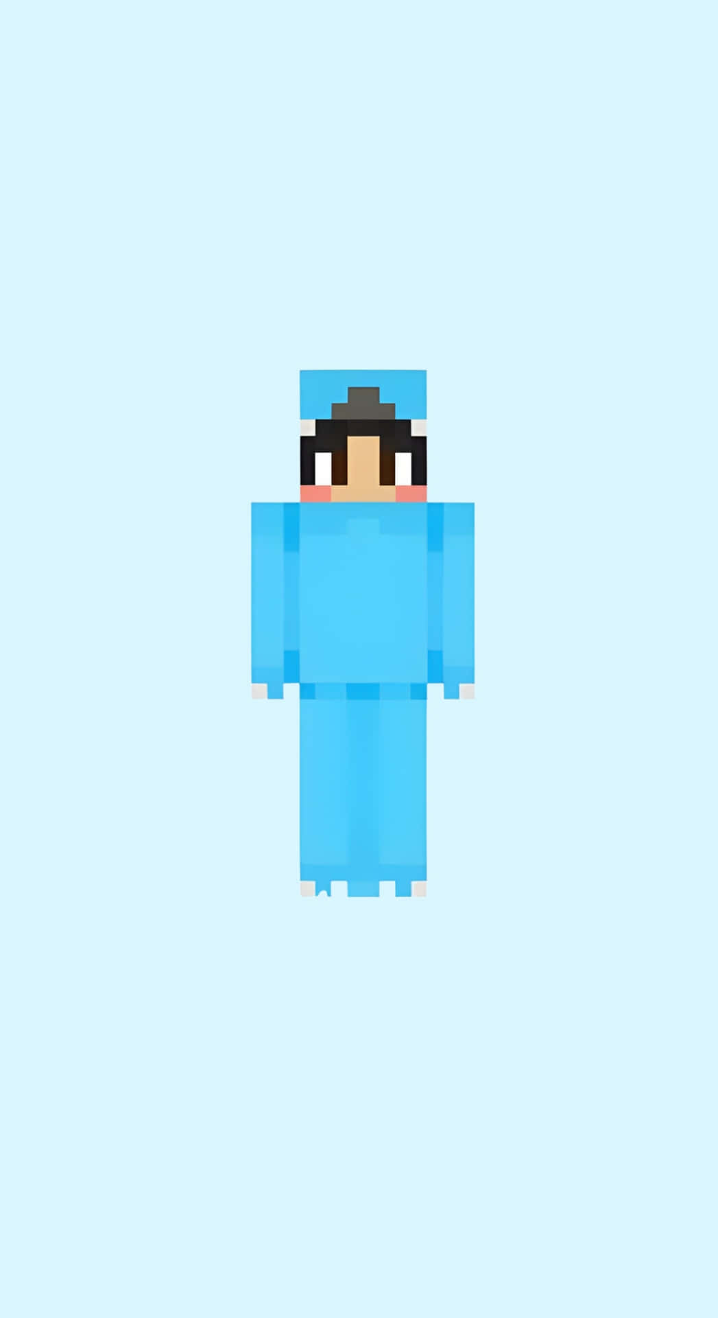  壁紙 — 一個像素化的Minecraft角色穿著藍色服裝，站在淺藍色背景中央。