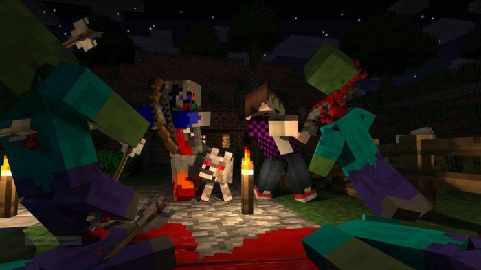 Minecraft玩家在夜間用火炬與殭屍戰鬥，地上有血。