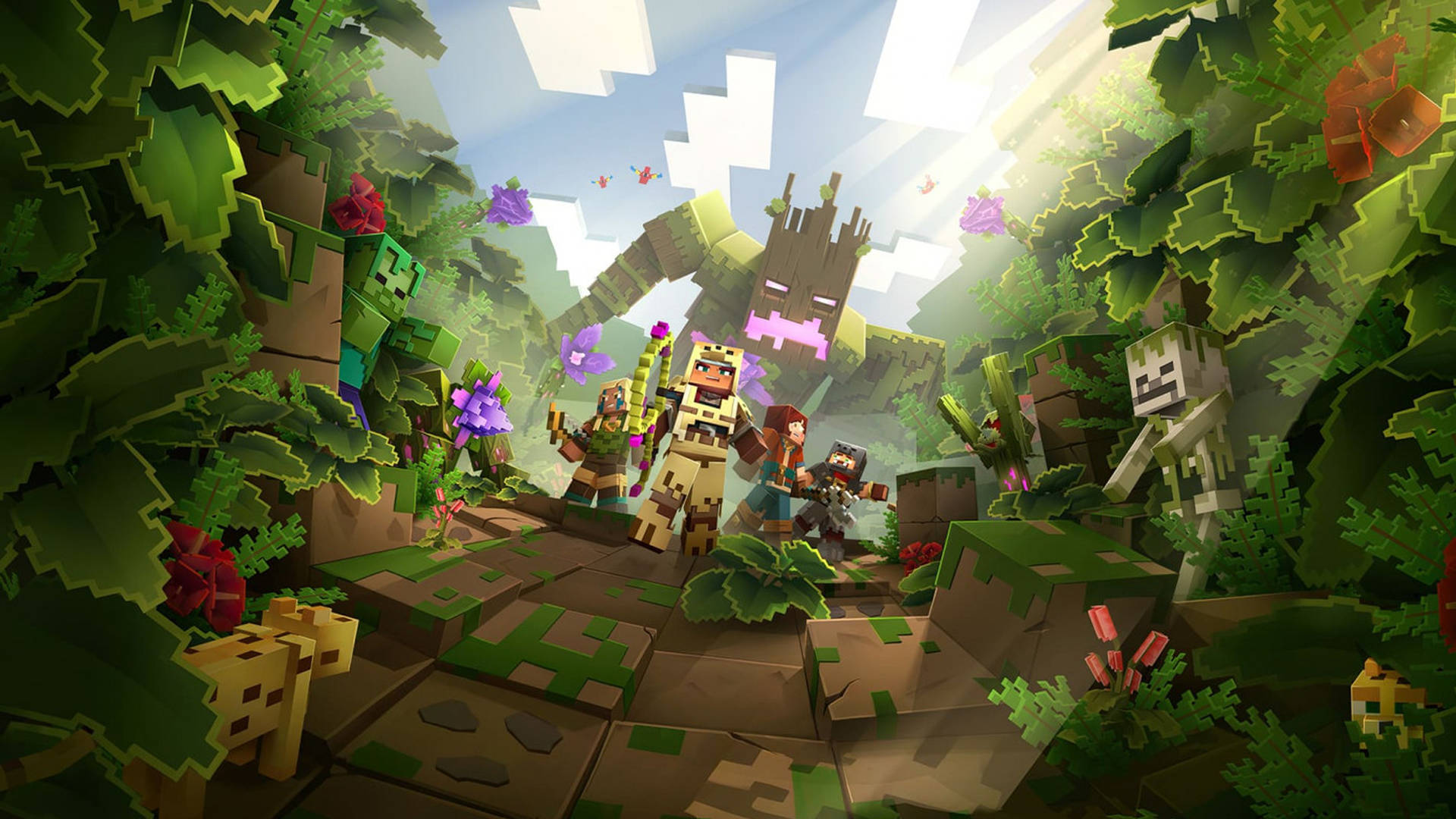在一個充滿方塊樹木和花朵的活力叢林中的Minecraft玩家和生物。