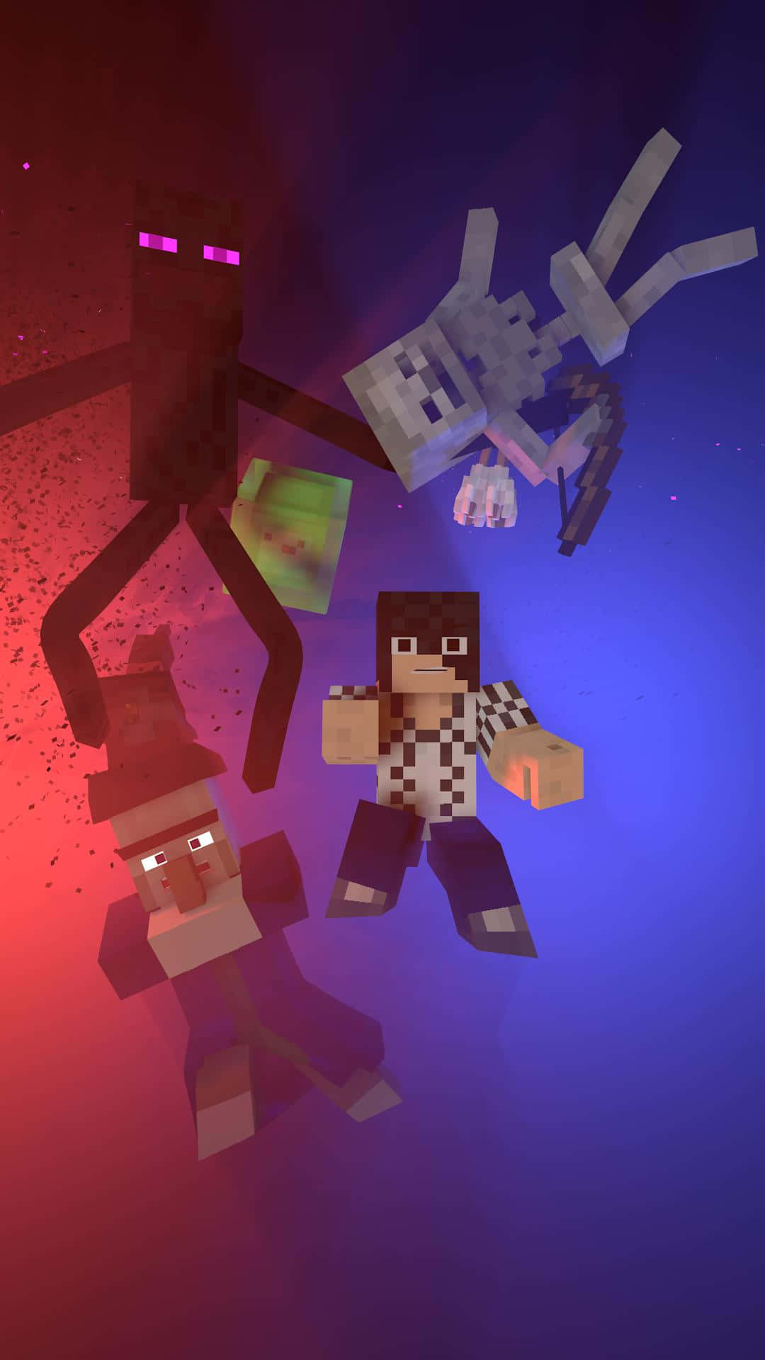 Minecraft角色漂浮在色彩繽紛的宇宙空間中，眼睛發光。