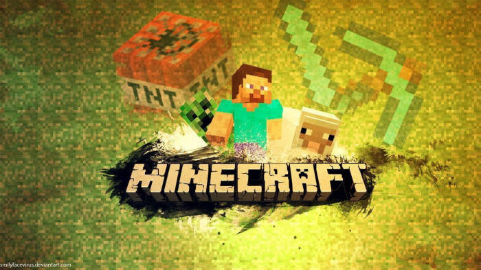 Minecraft角色Steve和Creeper與TNT方塊和遊戲標誌在紋理綠色背景上。