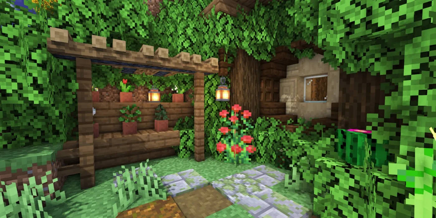 Minecraft花園，設有木製涼亭、發光燈籠和紅色花朵。