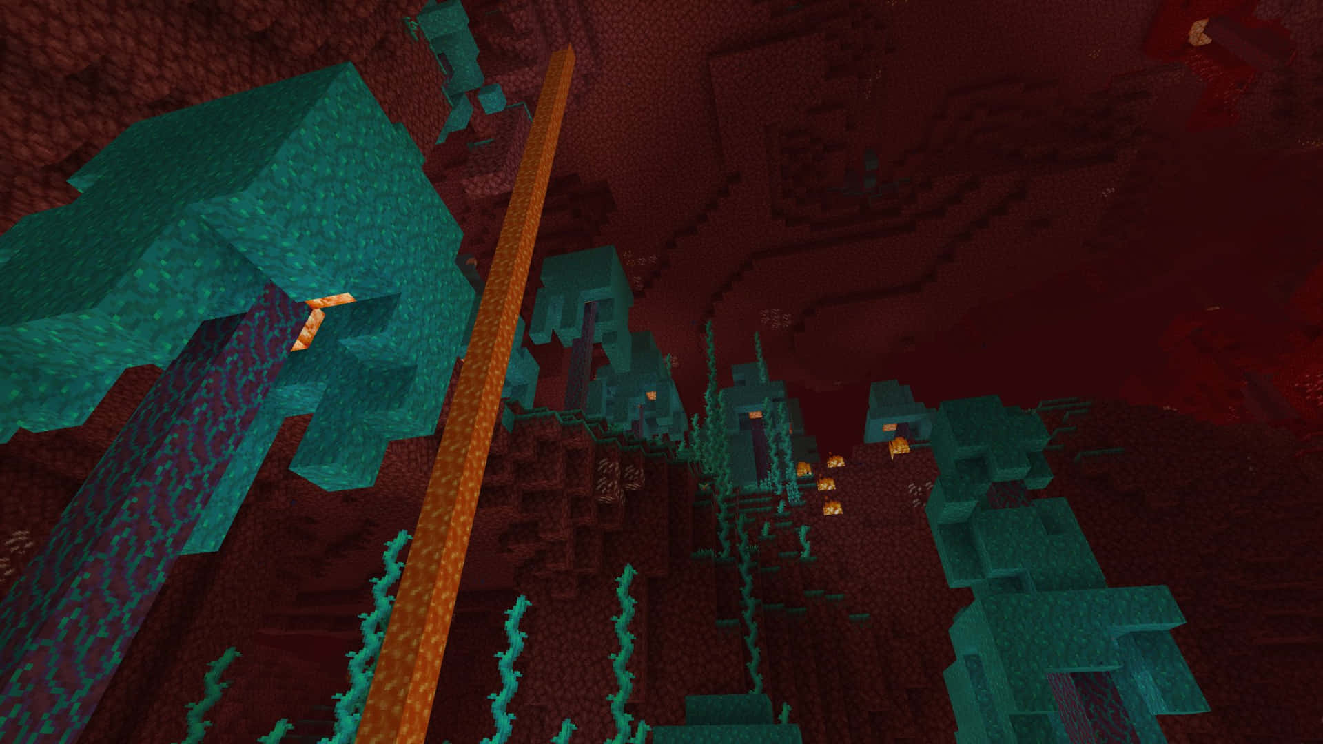  壁紙 — 一個像素化的 Minecraft 地獄景觀，在暗紅色的天空下，有發光的橙色熔岩流和青綠色的地獄岩層。