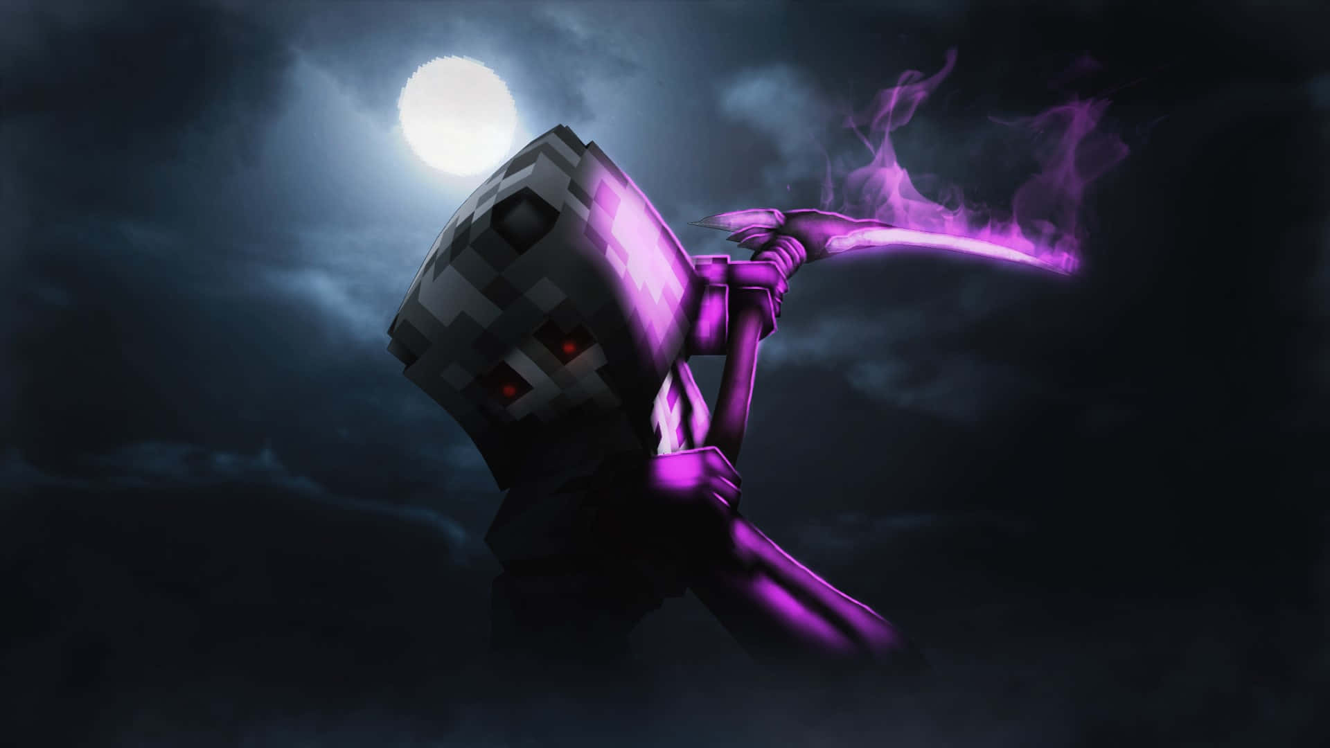  壁紙 — 一個像素化的Minecraft骷髏在黑暗暴風雨的天空下，滿月之下揮舞著一把發光的紫色劍。