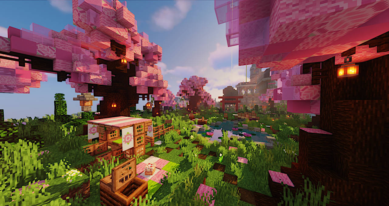 粉紅色櫻花樹下的Minecraft村莊，有發光的燈籠和池塘。