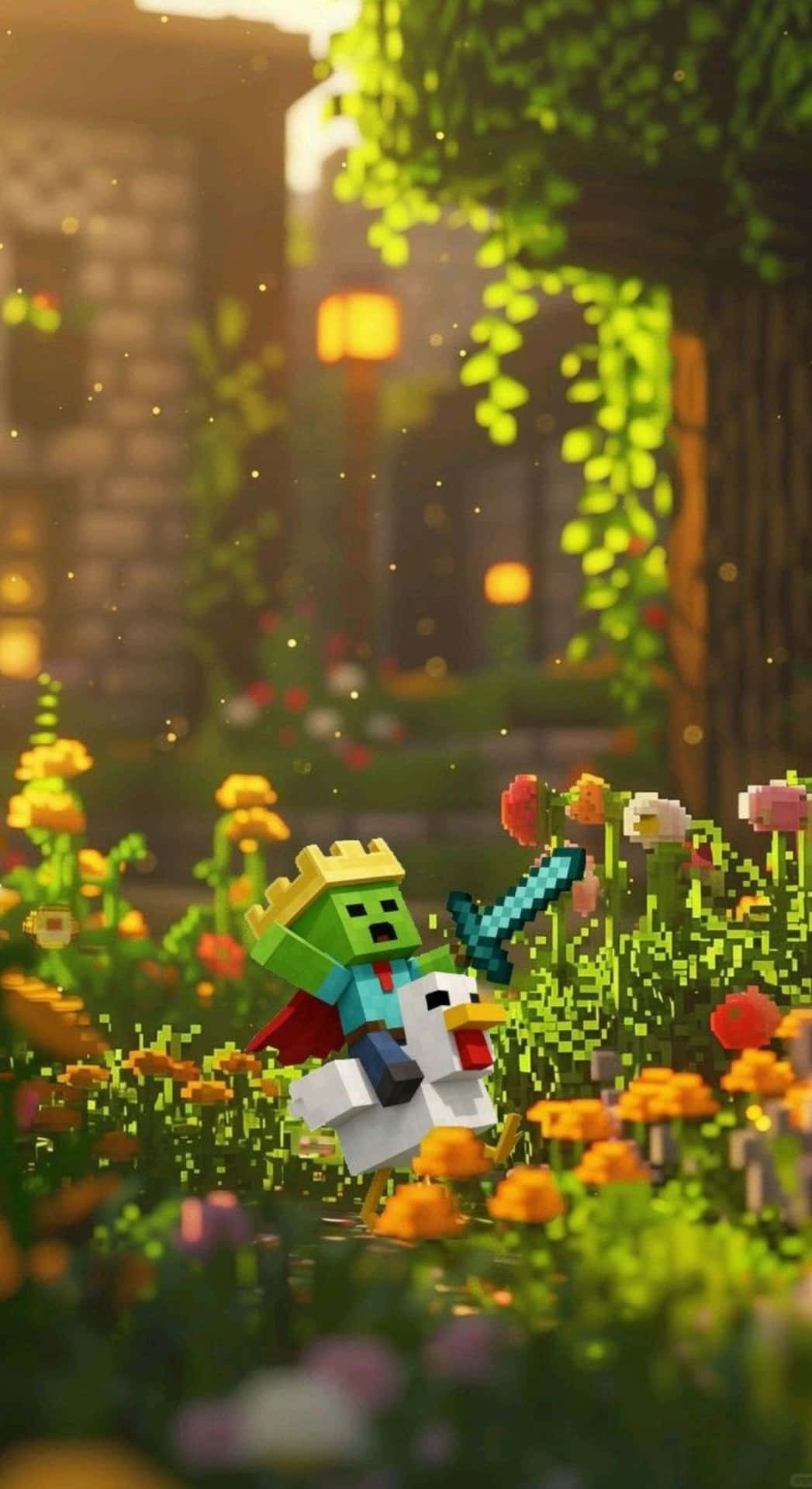  壁紙 — 一個像素化的Minecraft殭屍騎士騎著雞穿過陽光普照、色彩繽紛的花田，靠近一座石頭建築。