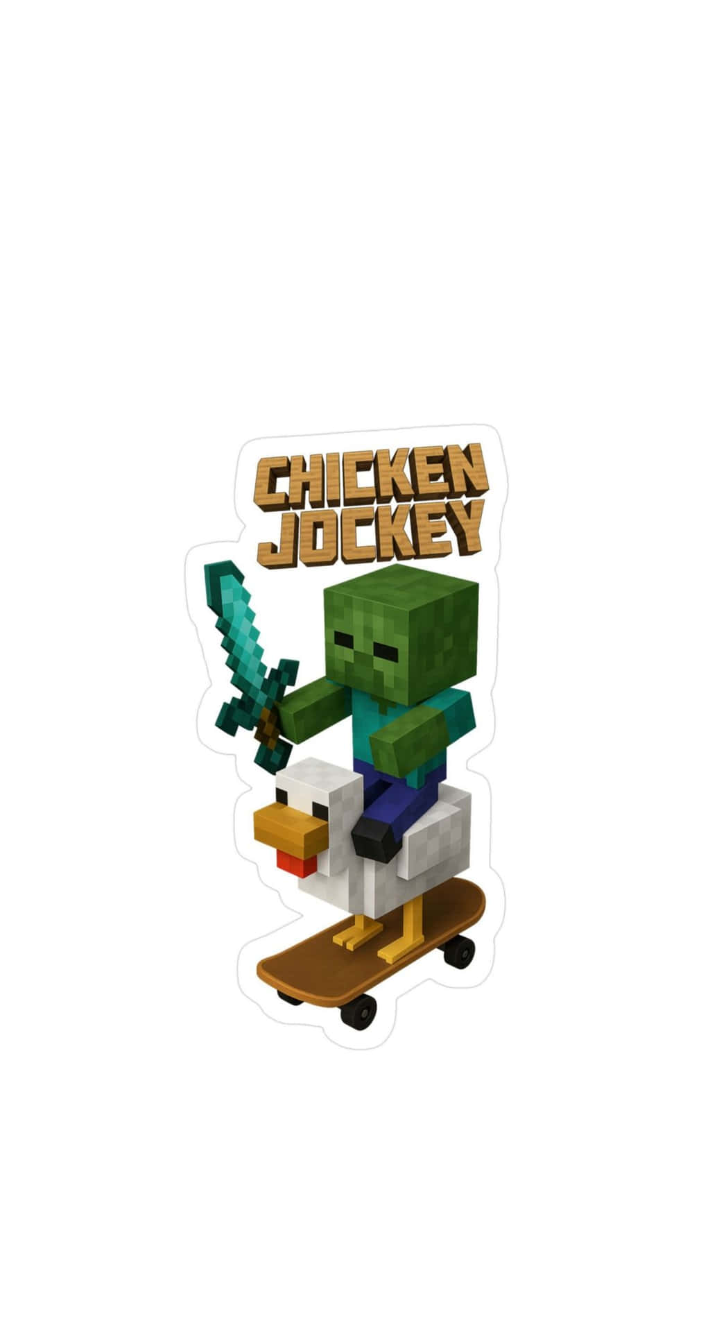  壁紙 — 一個像素化的Minecraft喪屍騎著一隻雞在滑板上，手持鑽石劍，上方有'CHICKEN JOCKEY'文字。