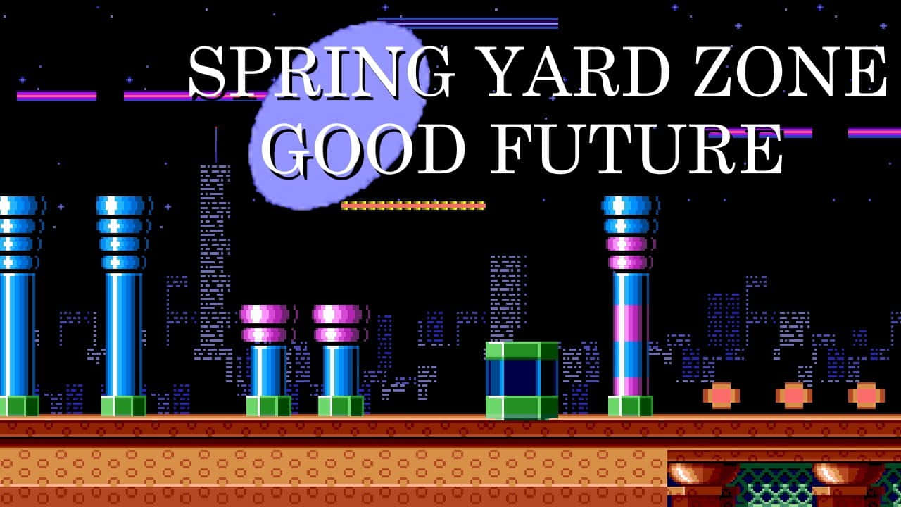  壁紙 — 像素化復古遊戲場景，有發光塔樓和文字顯示 spring yard zone good future，背景是星空夜空。