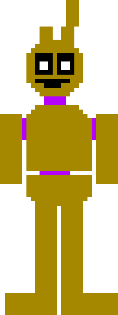 Pixelated Springtrap Artwork 壁紙 — 一個像素化的金色電子動畫人物，帶有紫色點綴，站在黑色背景前。