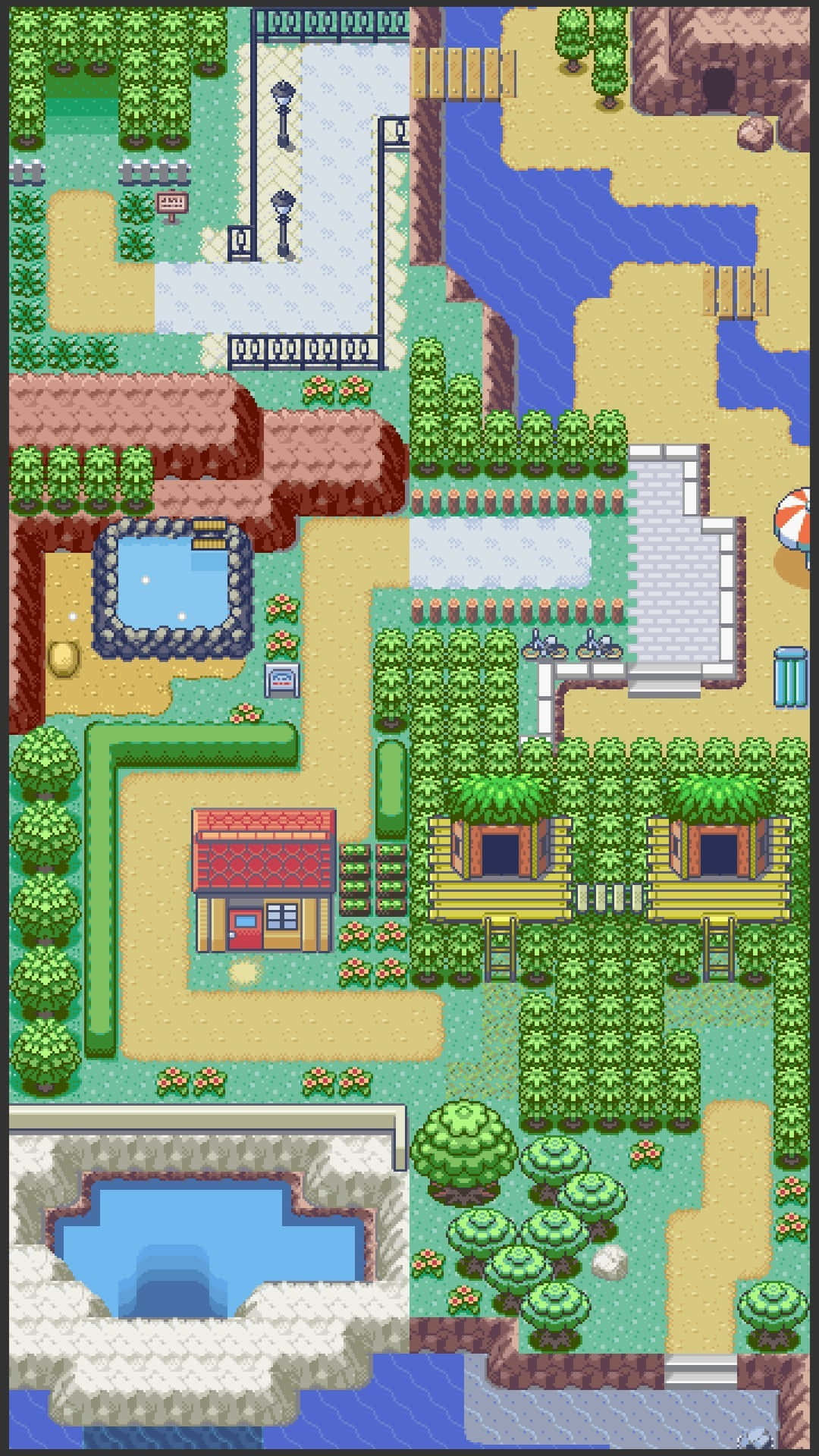 Pixel Game 桌布 壁紙 — 像素化俯視地圖，展示充滿活力的寵物小精靈遊戲世界，包含路徑、房屋、樹木和水體。