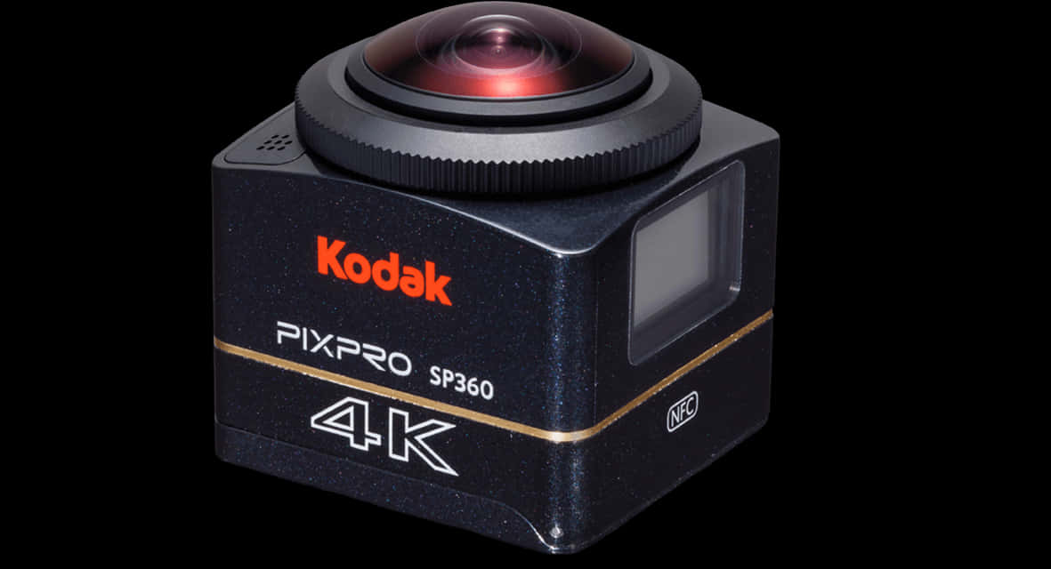 柯達 PIXPRO SP360 4K 相機 壁紙 — 一部時尚的黑色Kodak Pixpro SP360 4K運動相機，帶有紅色色調的魚眼鏡頭，背景為純黑色。