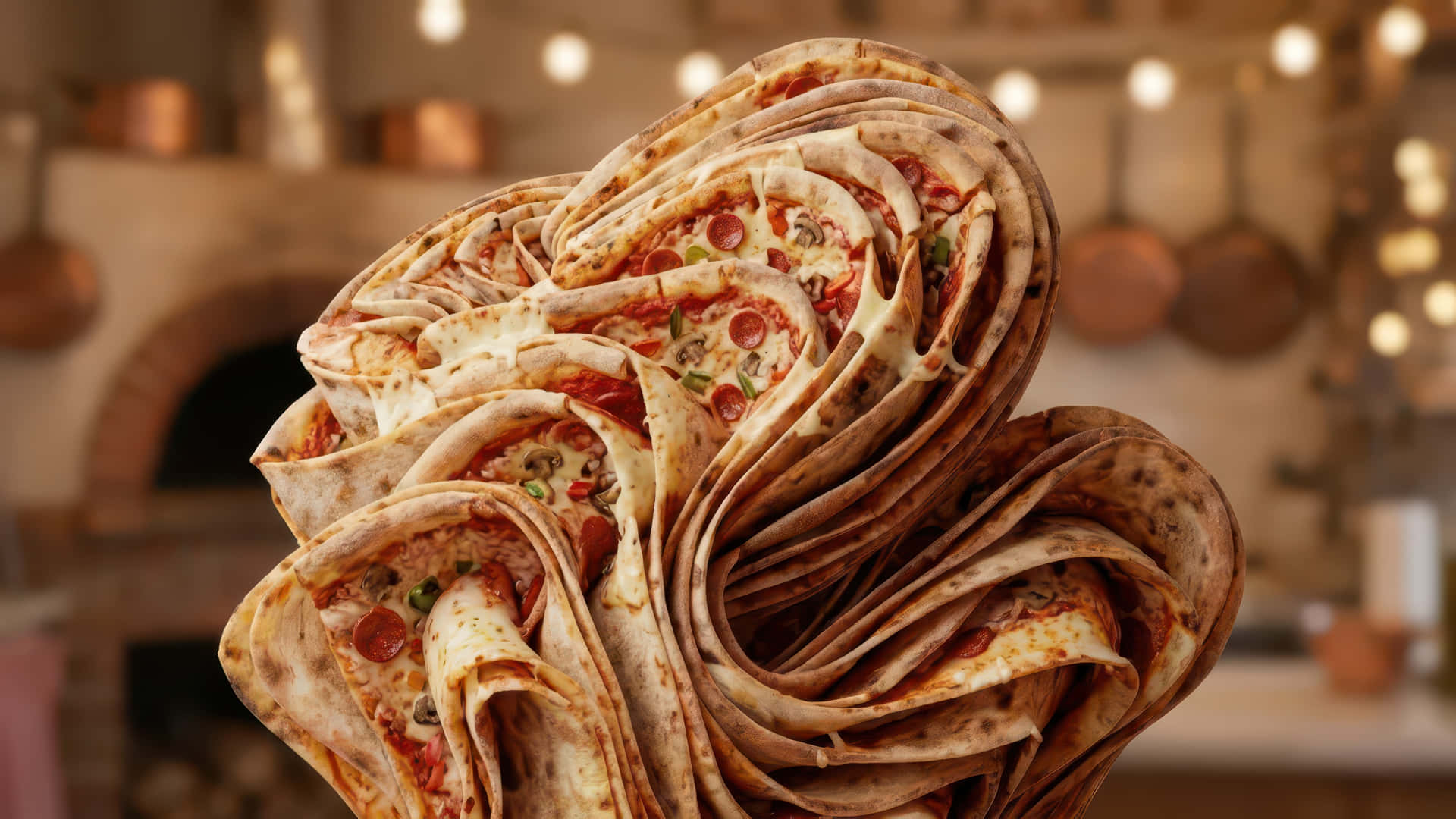 Pizza bloom from napoli modded wallpaper for desktop Enhancement, 壁紙 — 在溫暖照明的廚房裡，一個高聳的雕塑般的漩渦，由意大利辣香腸披薩片、融化的芝士和青椒組成。