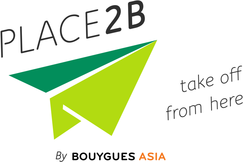 Place2B Asia 標誌 壁紙 — 一個風格化的綠色紙飛機標誌，上面有文字 PLACE2B 和 take off from here，背景為黑色。