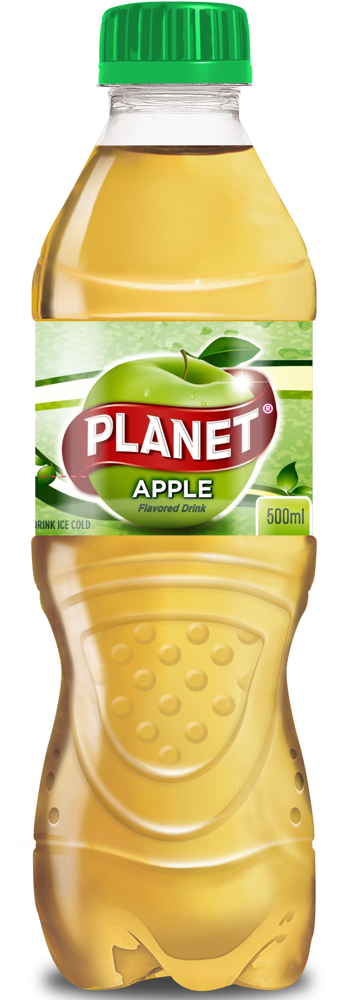Planet Apple 500毫升口味飲料瓶 壁紙 — 一個透明膠樽，裝有 Planet Apple 味飲品，綠色樽蓋，標籤上有蘋果圖案。
