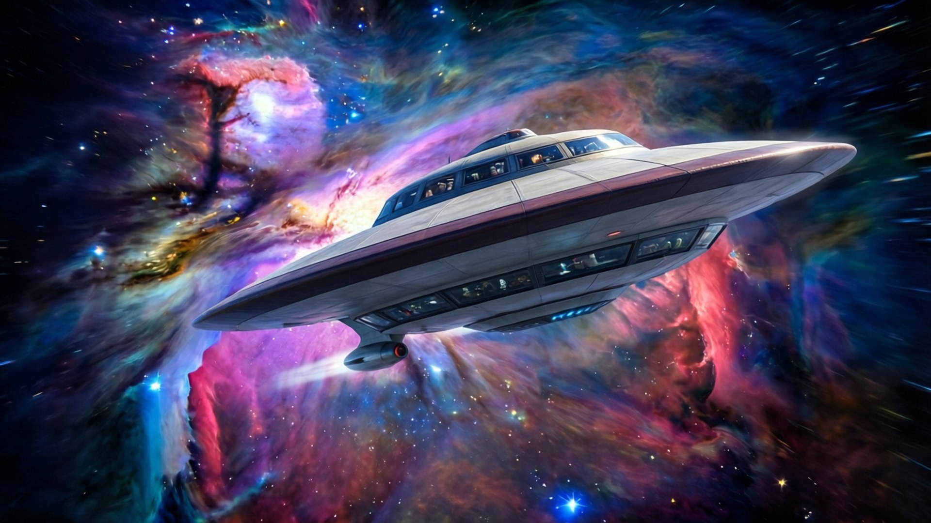 時尚的銀色太空船在色彩繽紛的宇宙星雲中飛行，伴有星星