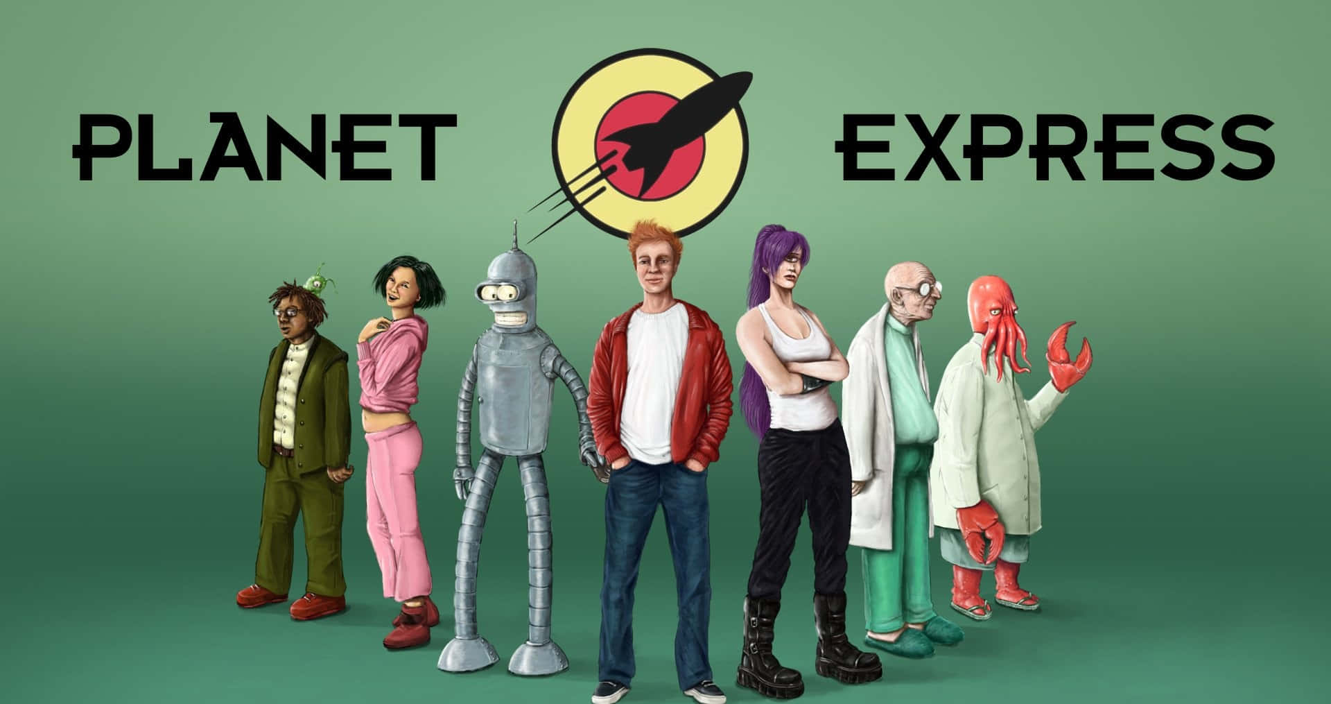 Futurama 桌布 壁紙 — Planet Express 船員在純綠色背景前站成一排，節目標誌在他們上方。