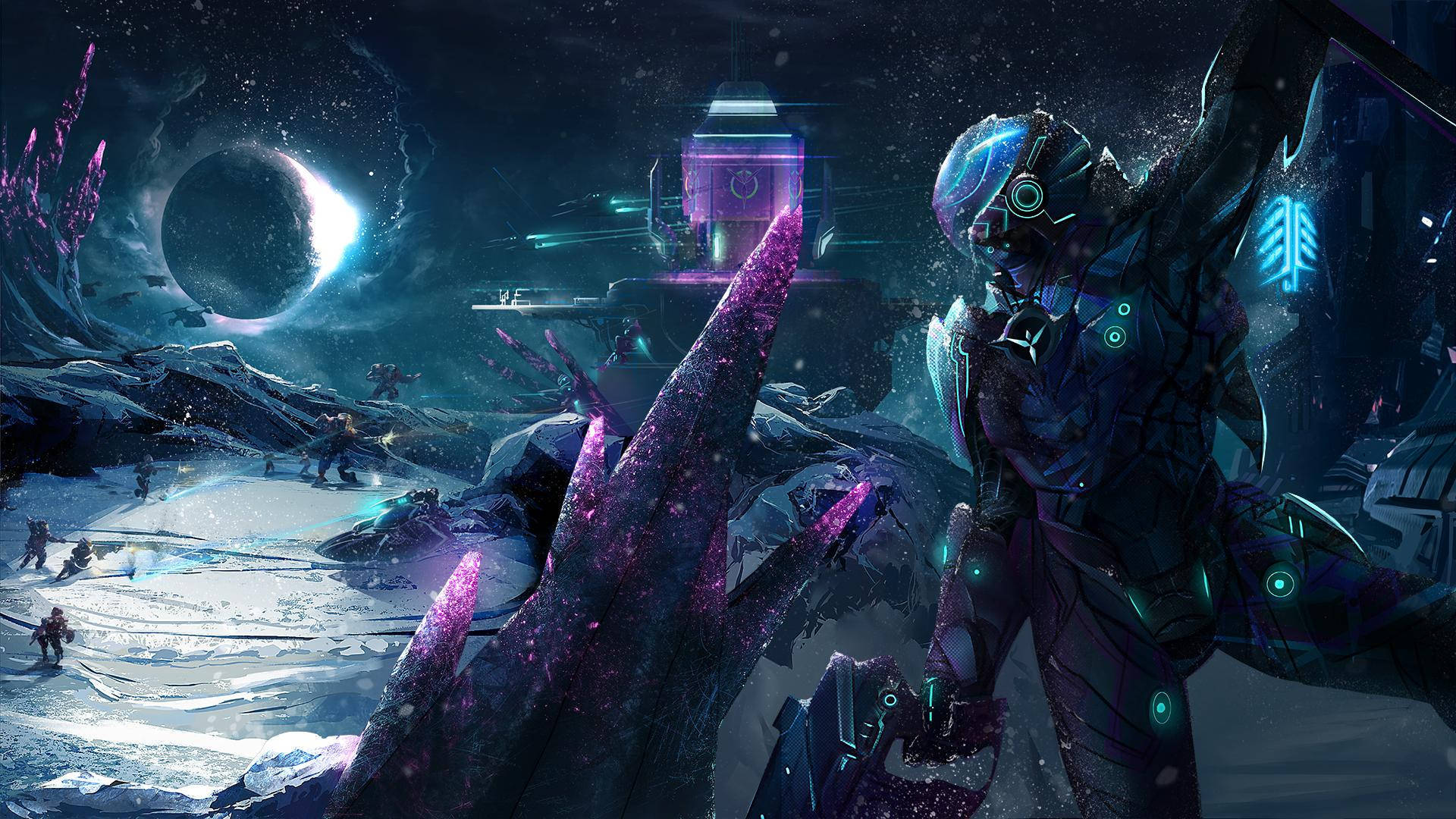 紫色遊戲《PlanetSide 2》在線遊戲桌面壁紙 壁紙 — 一名身穿發光盔甲嘅未來士兵企喺一個有紫色水晶尖塔同發光月亮嘅夜空外星行星上。