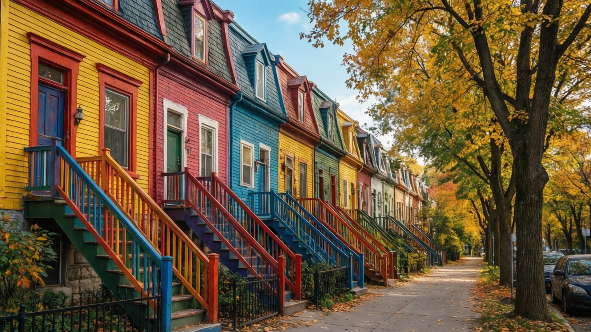 色彩繽紛的排屋，帶有彩繪樓梯，沿著綠葉成蔭的秋日街道。