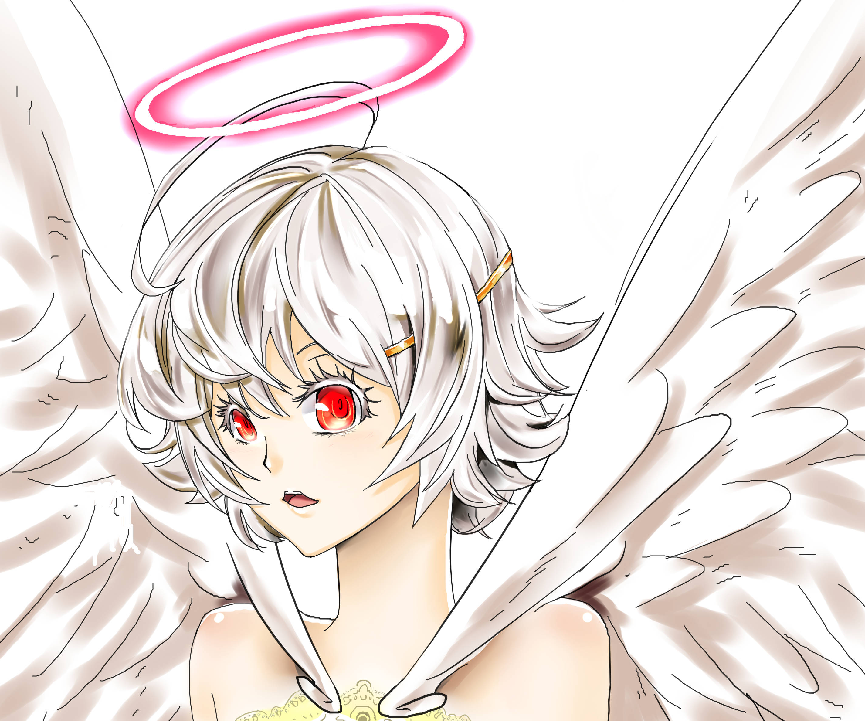 Platinum End 白色天使 Nasse 壁紙 — 一個引人注目的動漫天使，銀色頭髮，紅色眼睛，發光的粉紅色光環，在純白色背景上凝視著。