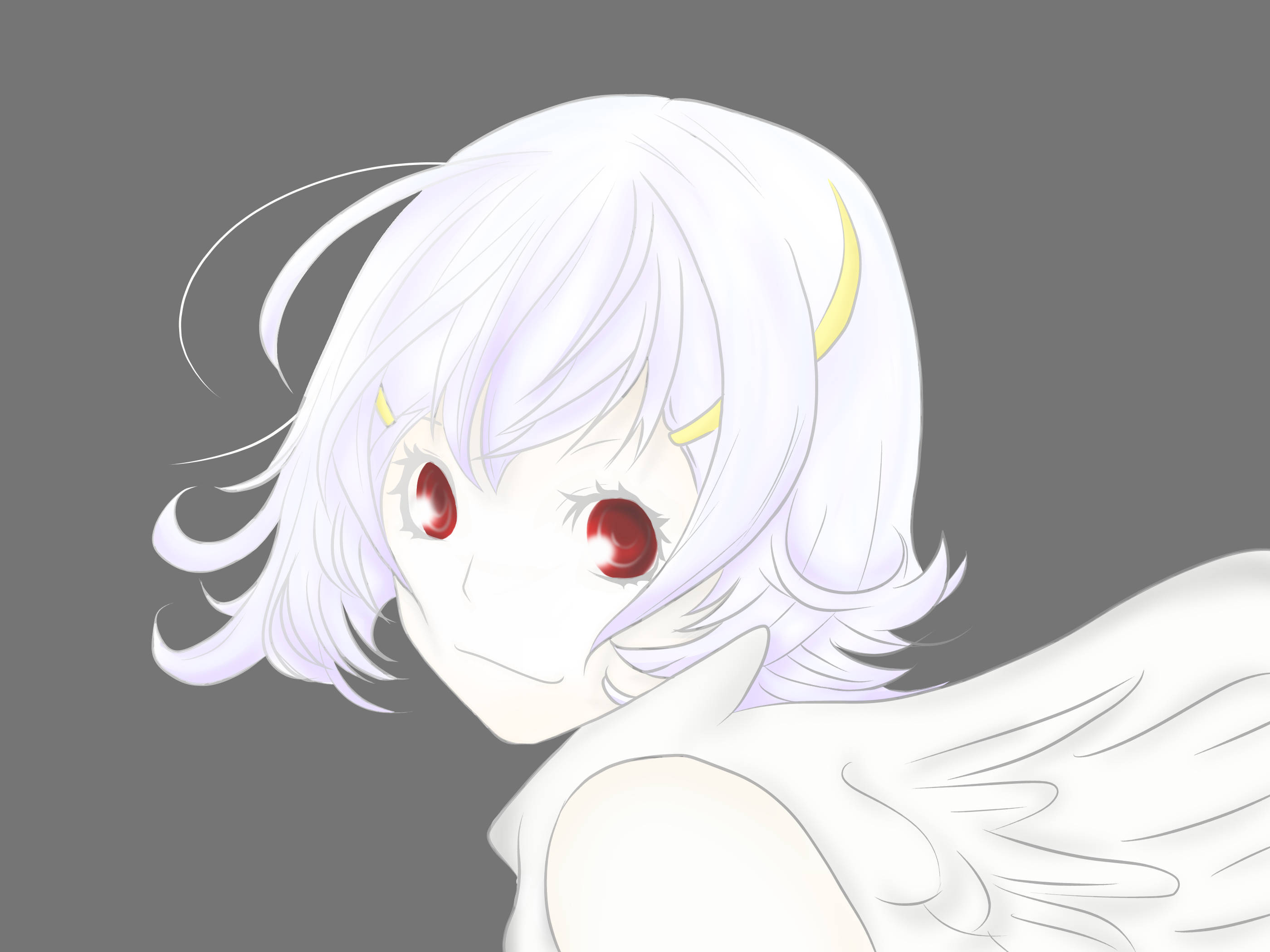 Platinum End 純白天使 Nasse 最簡風格 壁紙 — 一位白髮、紅眼、長著小角的動漫女孩在灰色背景上回頭看。