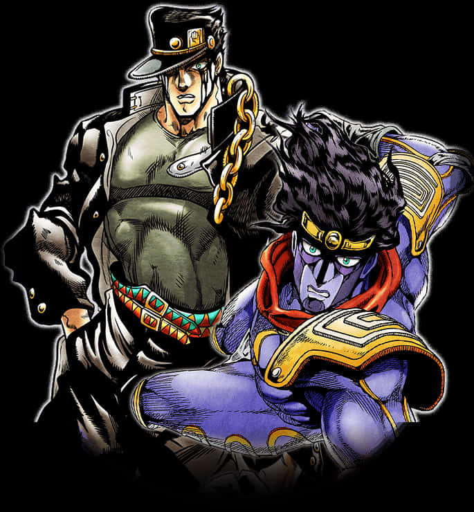 星 Platinum 與 Jotaro Kujo 插畫 壁紙 — 兩個穿著精緻服裝的動漫角色在黑色背景上以大膽的輪廓和鮮豔的色彩動態擺姿勢。