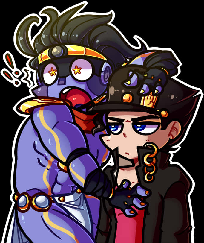 星 Platinum 與 Jotaro 的 Q 版藝術作品 壁紙 — 兩個動漫角色，一個穿著紫色西裝戴星形護目鏡，另一個戴黑帽手持鎖鏈，背景黑暗。