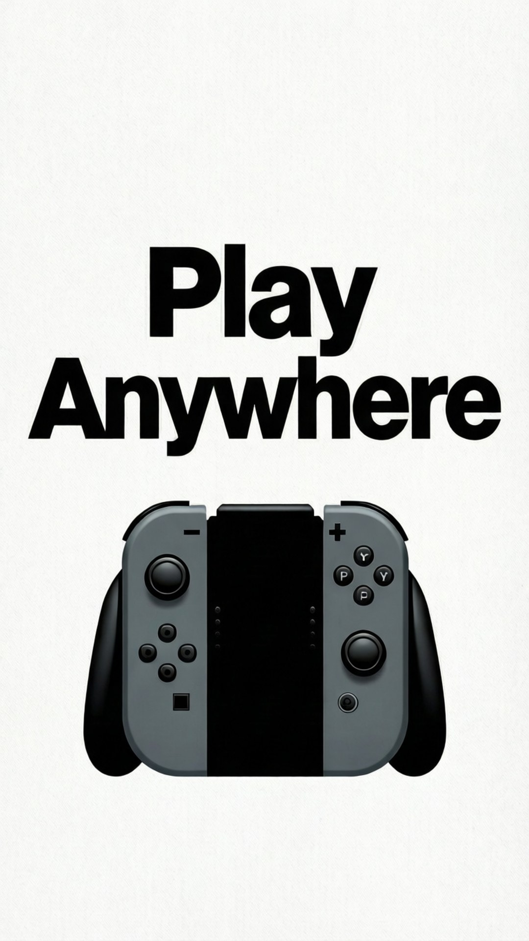 灰色Nintendo Switch主機及白色紋理背景上的「Play Anywhere」文字
