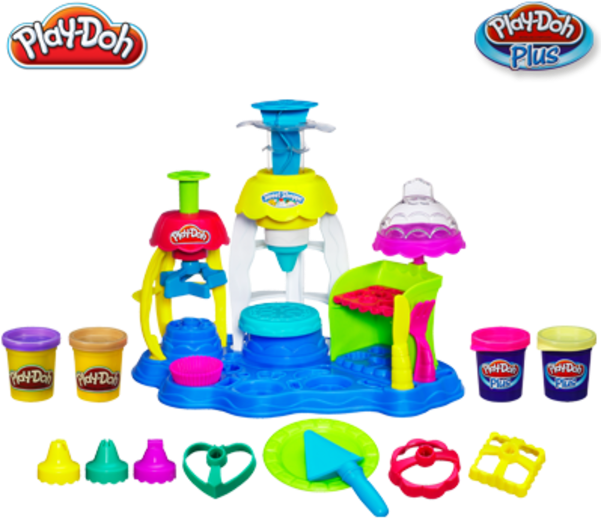 Play-Doh 冰淇淋製造玩具組 壁紙 — 色彩繽紛的Play-Doh Plus遊戲套裝，配有彩色模具、工具和容器，背景為黑色。