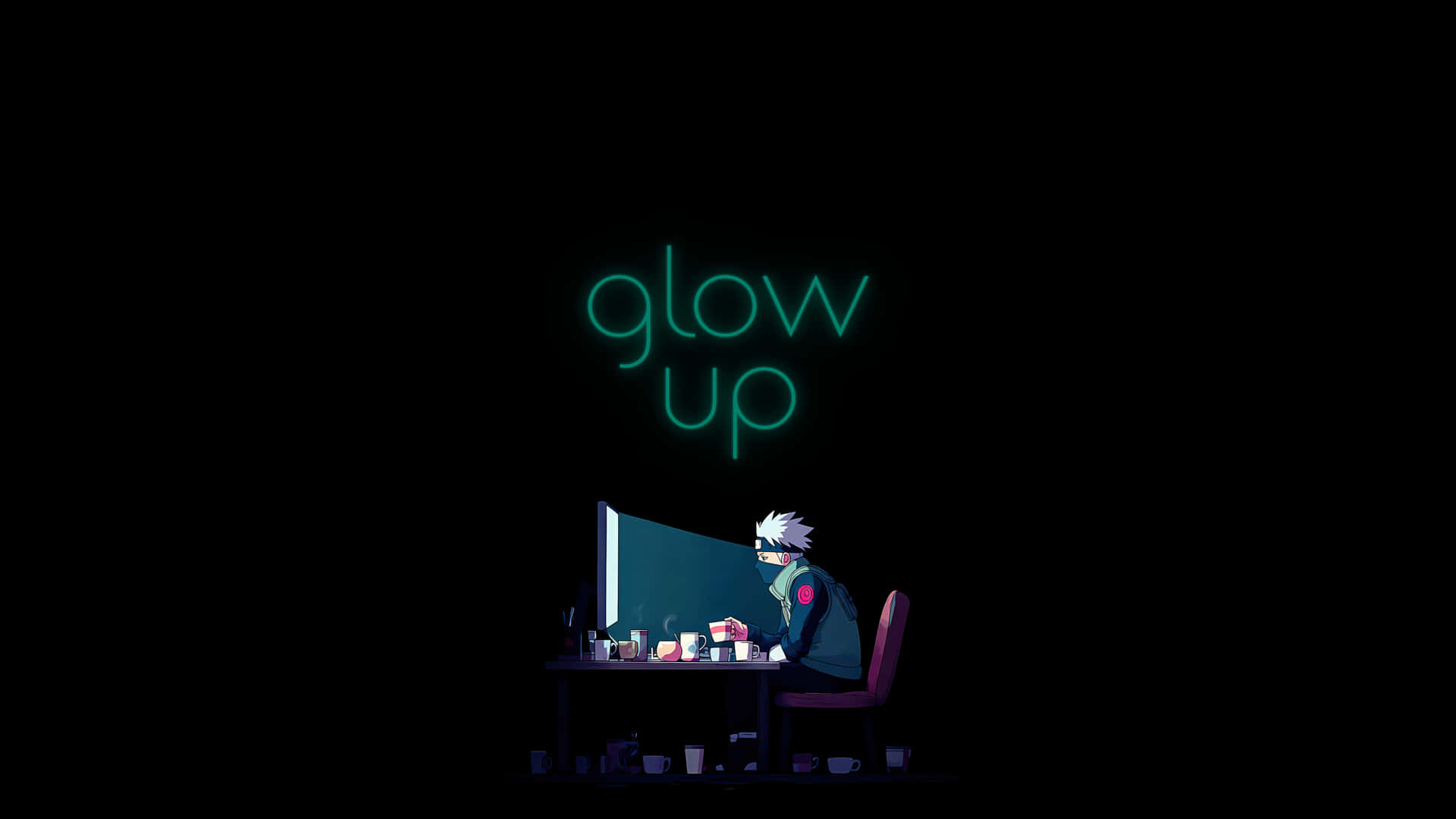 動漫角色在黑暗房間中，在綠色「glow up」標誌下的書桌前 — 卡卡西 壁紙