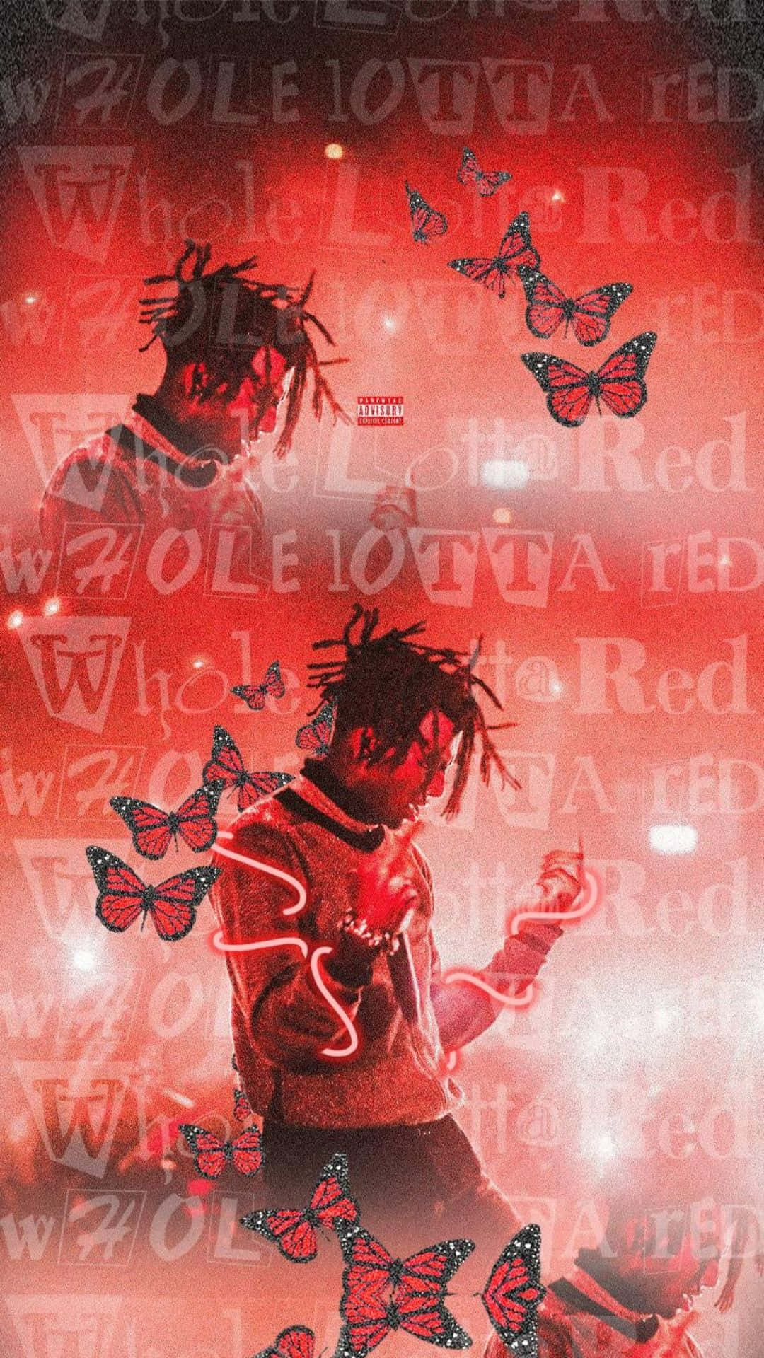 Playboi Carti 冷靜藝術 iPhone 壁紙 — 一幅帶紅色調的肖像，一名留著辮子頭的男子被發光的蝴蝶和重複的專輯文字環繞。