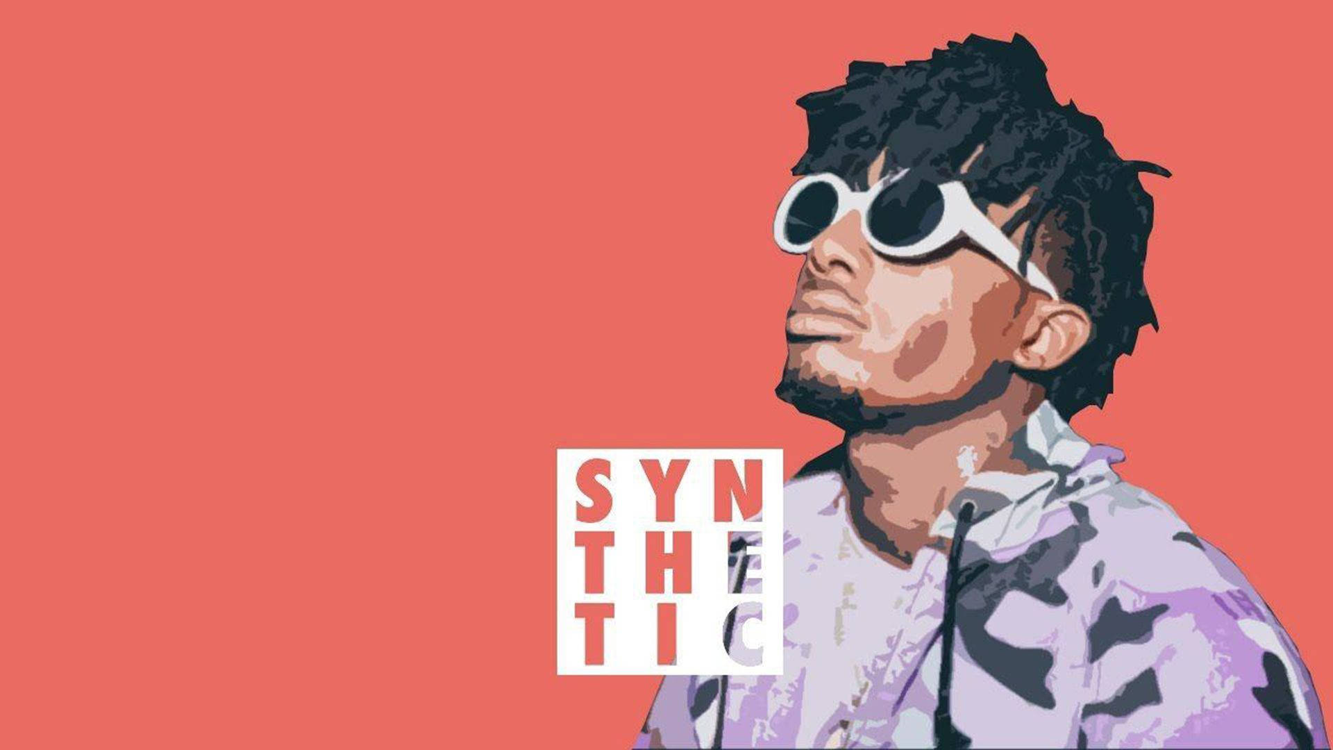男人戴白色太陽眼鏡和圖案連帽衫，背景是珊瑚色，帶有「SYNTHETIC」文字。