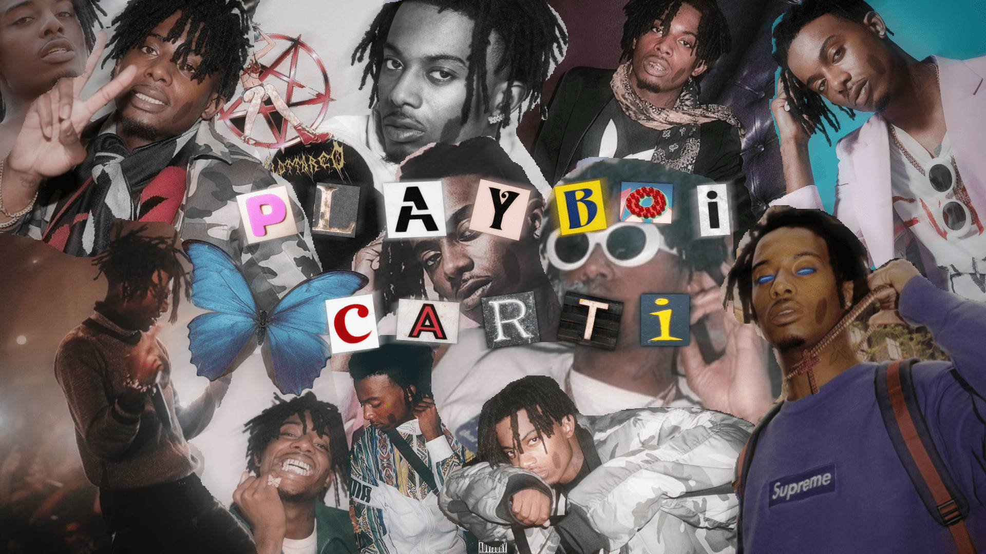 Playboi Carti 拼貼畫，帶有彩色字母和藍色蝴蝶。