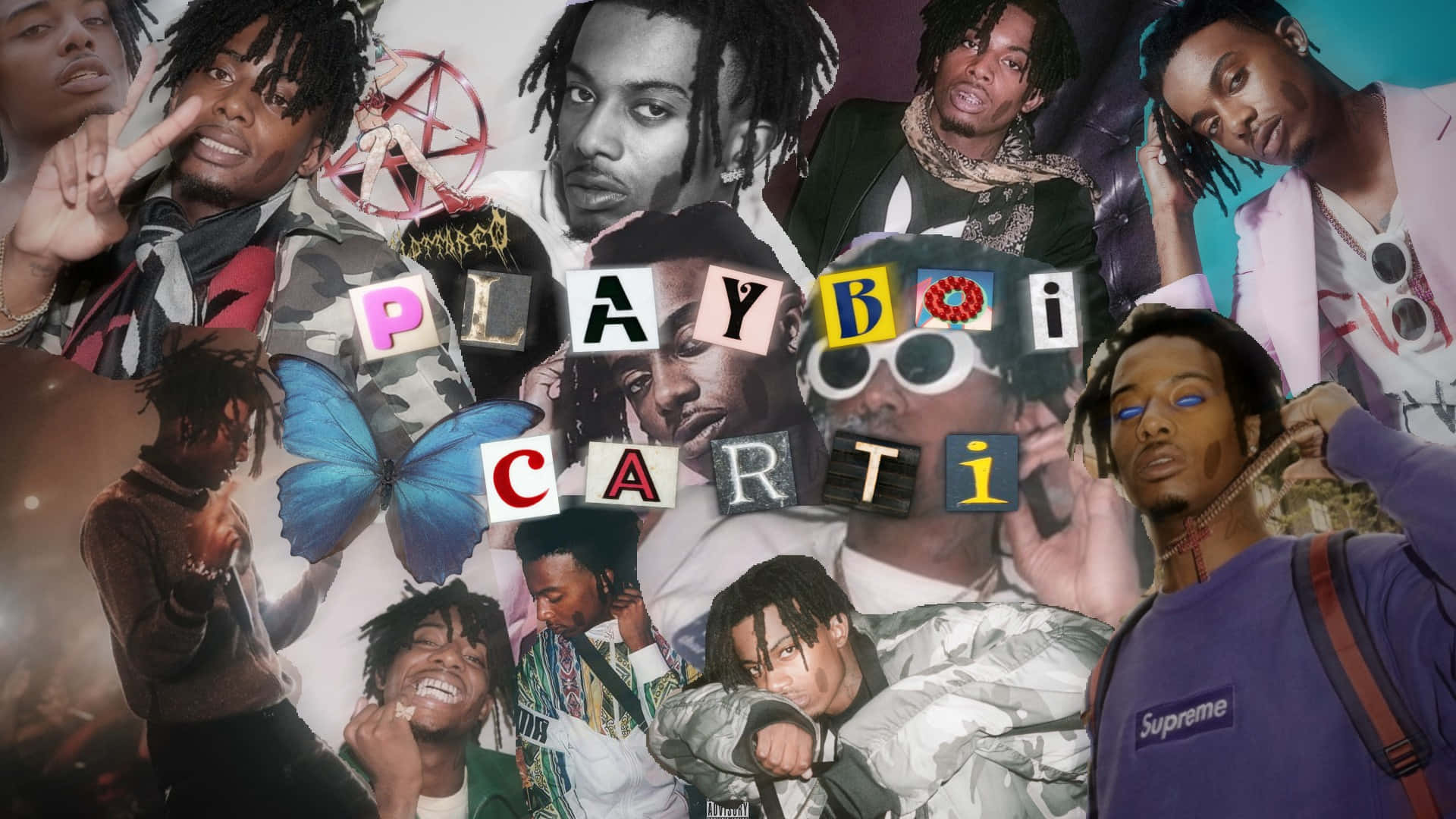 Playboi Carti 拼貼畫，帶有蝴蝶和文字。