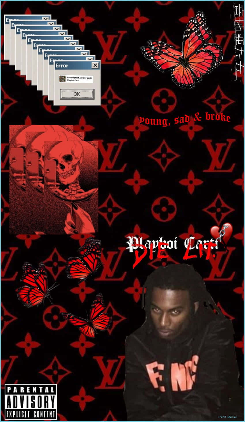Playboi Carti肖像，帶有蝴蝶、骷髏頭和錯誤視窗，背景為LV圖案。