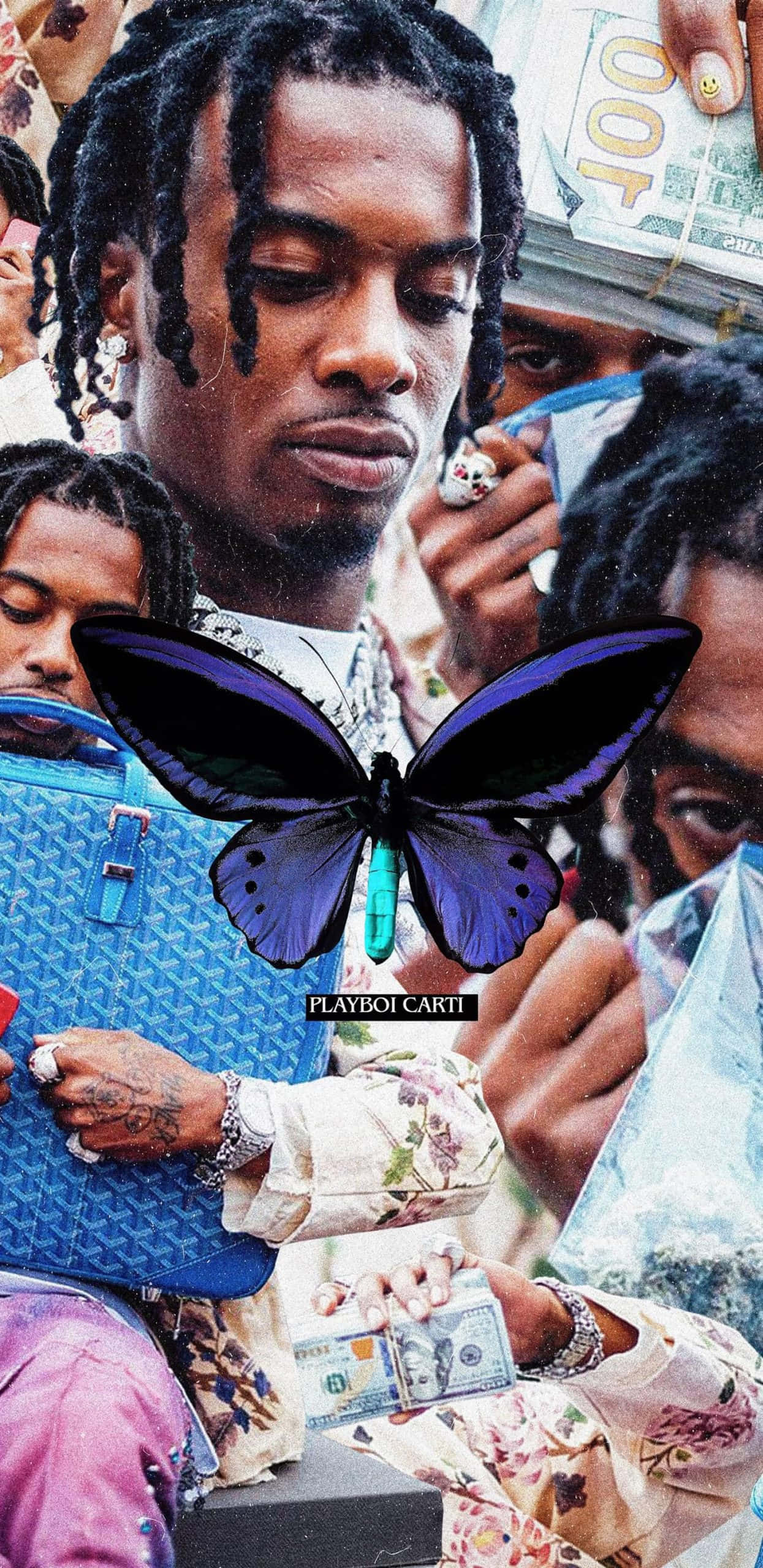 Playboi Carti藝術iPhone壁紙 壁紙 — 饒舌歌手 Playboi Carti 嘅特寫，胸前疊加咗一隻大紫色蝴蝶，佢揸住錢同奢侈品。