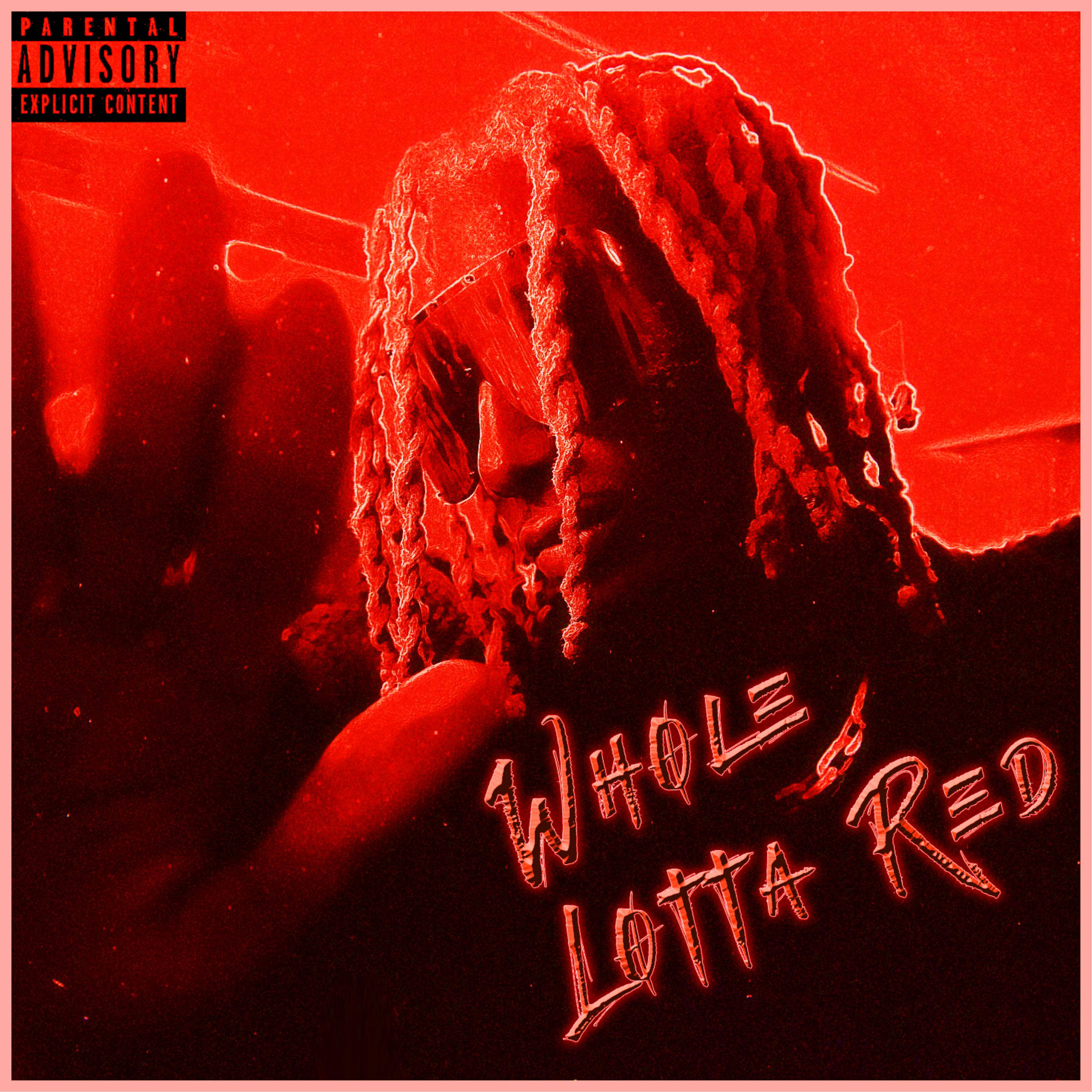 Playboi Carti《Whole Lotta Red》專輯封面 壁紙 — 一個留著辮子頭的人以單色紅色色調顯示，帶有「Parental Advisory」標籤和「Whole Lotta Red」文字。