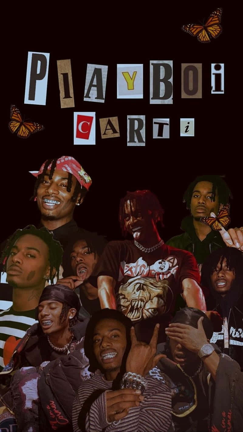 Playboi Carti 拼貼畫，帶有蝴蝶和粗體文字，背景為深色。